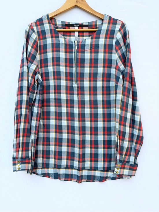 Kensie Tops - Kensie Plaid Half Zip Popover Blouse Red Navy Hi-Low Long Sleeve Medium NWOT